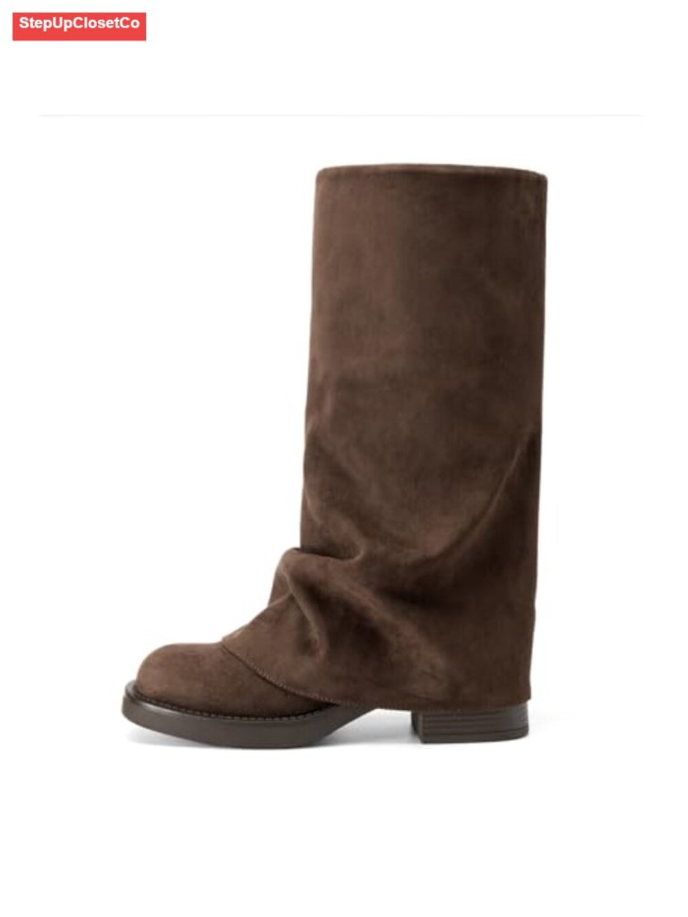 Womens Mid Calf Fold Over Boots Square Toe Slouchy Pull On Low Heel
